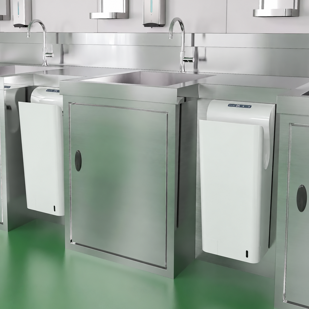 White hand dryers installed in a commercial washroom